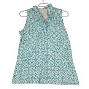 J.McLaughlin Sleeveless Top Womens Medium Blue Turquoise Print Mock Neck Blouse